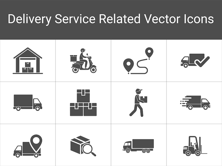 Vecteur les icônes de la logistique de livraison sont des paquets de camions, de scooters, d'entrepôts, d'un ensemble d'icônes et d'une illustration vectorielle.