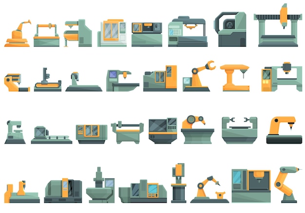 Les Icônes De La Machine Cnc Définissent Le Vecteur De Dessin Animé. Contrôleur De Moulin. Outil Industriel