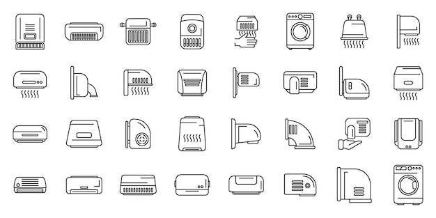 Icônes De Machine De Séchage Automatique Définies Vecteur De Contour Air Salle De Bain