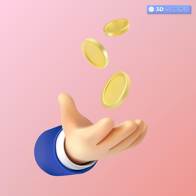 Icones de main 3D et de pièces d'or Symboles de jeu Rotation de l'argent d'or vide Signage de revenu Épargne Investissement Richesse Conception d'affaires Succès 3D Vector illustration isolée Pastel dessin animé Style minimal