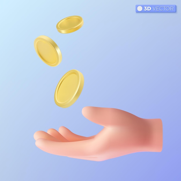 Icones de main 3D et de pièces d'or Symboles de jeu Rotation de l'argent d'or vide Signage de revenu Épargne Investissement Richesse Conception d'affaires Succès 3D Vector illustration isolée Pastel dessin animé Style minimal