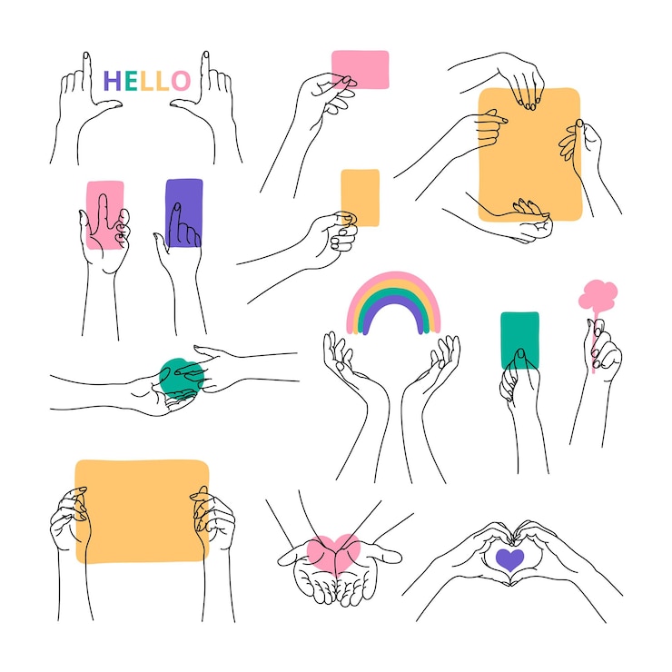 Vecteur les icônes des mains définissent le bonjour, la carte de visite, l'arc-en-ciel, le coeur, le papier, la fleur, la pomme. ligne et point modifiables.