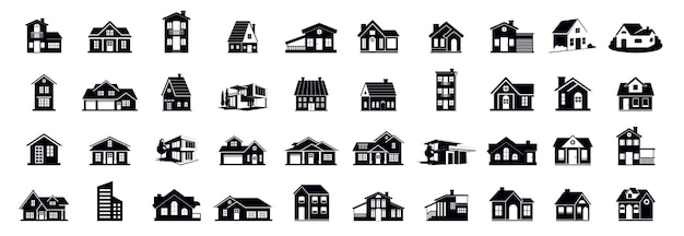 Icônes de maison et de bâtiment Symboles de maisons de style plat pour les applications et les sites Web sur fond blanc Immobilier Illustration vectorielle