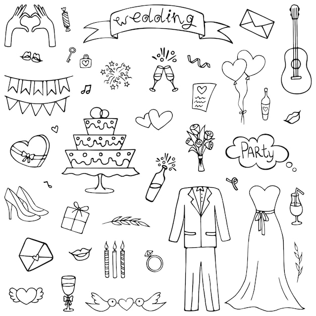 Vecteur icônes de mariage clipart festif dessiné à la main dans un style doodle