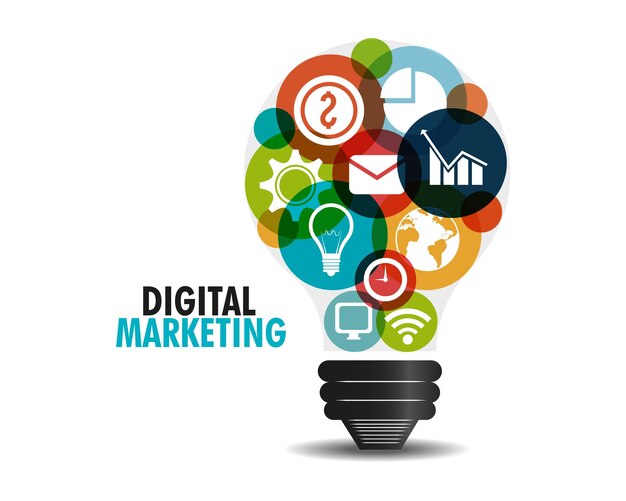 Icones de marketing numérique dans l'illustration vectorielle de la forme de l'ampoule