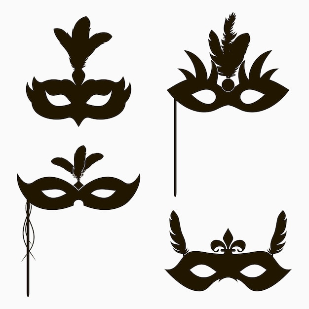 Icônes De Masques De Carnaval Ensemble De Décoration De Silhouette Isolée Pour La Fête De Mascarade Avec Des Plumes