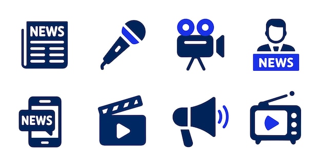Les icônes des médias Les journaux Le microphone La caméra Les nouvelles Le journaliste Le téléphone portable Clapperboard