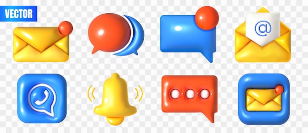 Vecteur icônes de médias sociaux 3d, communication en ligne, symboles de marketing numérique, bulle de dialogue, notification