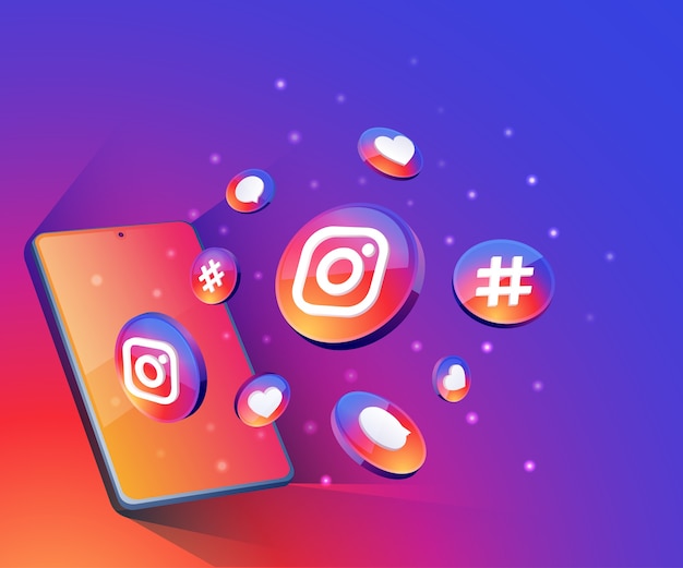 Icônes de médias sociaux 3d Instagram avec symbole de smartphone