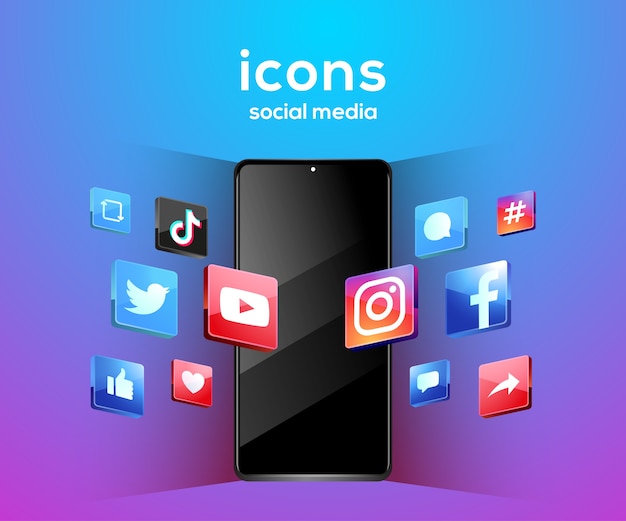 Icônes De Médias Sociaux 3d Avec Symbole De Smartphone