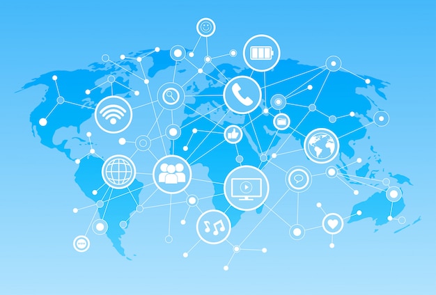 Icônes De Médias Sociaux Sur La Carte Du Monde Fond Réseau Communication Concept De Connexion