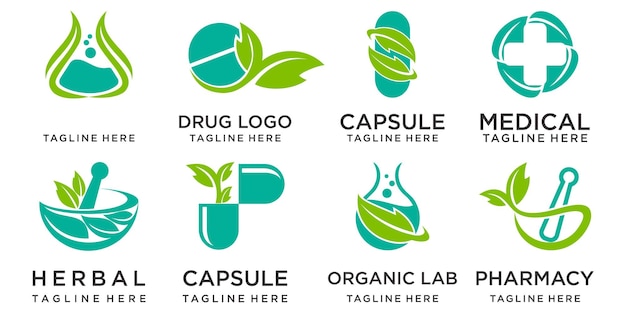 Vecteur les icônes médicales de la pharmacie définissent le modèle de logo avec des images de capsules de bouteilles et de feuilles