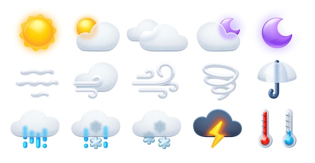 Vecteur icônes météo. foudre d'orage, nuages de pluie et de neige