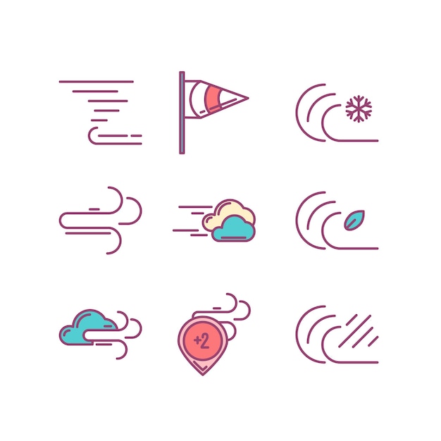 Icones de météo venteuses couleur Icones vectorielles définies
