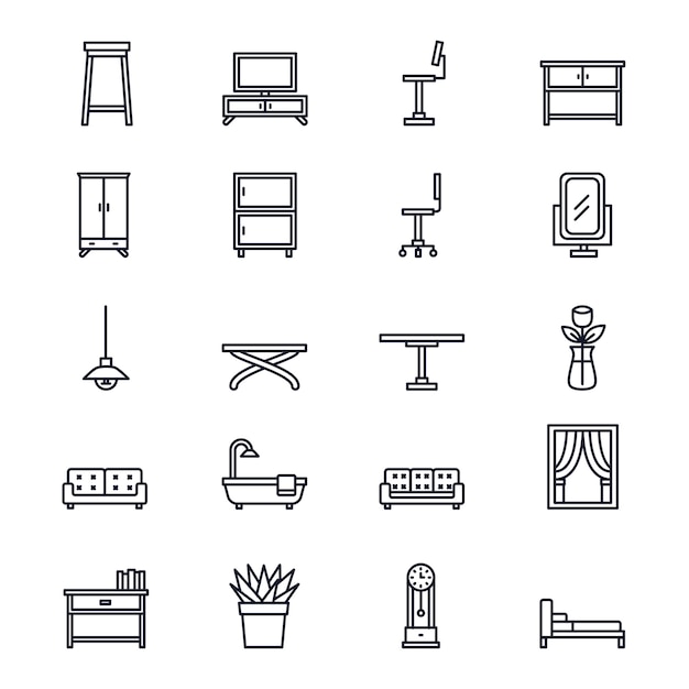 Icônes de meubles et de la maison déco dans le style de ligne.