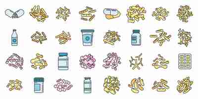Vecteur les icônes de microbiologie des probiotiques définissent la couleur du vecteur