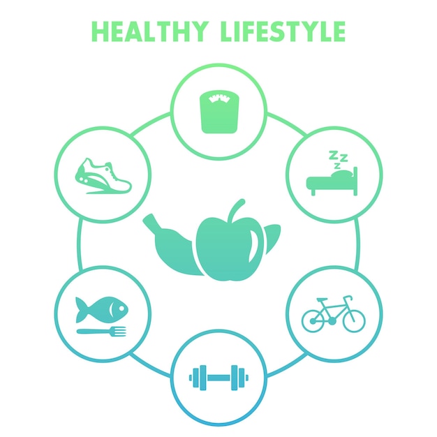 Icônes de mode de vie sain sur blanc, régime alimentaire, loisirs, activité physique, jogging, alimentation saine, illustration vectorielle