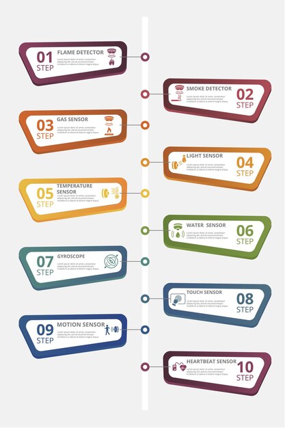 Les icônes de modèle de capteur d'infographie de différentes couleurs incluent le détecteur de flamme du capteur de qualité de l'eau