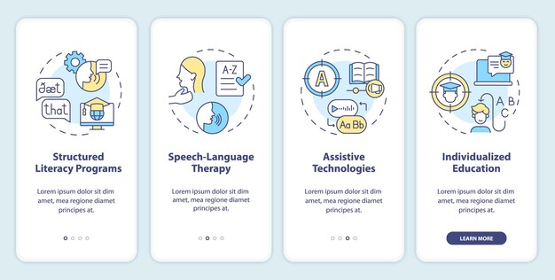 Icônes multicolores 2D représentant l'ensemble d'écran de l'application mobile dyslexie Procédure pas à pas instructions graphiques en 4 étapes avec icônes de ligne mince concept UI UX GUI modèle