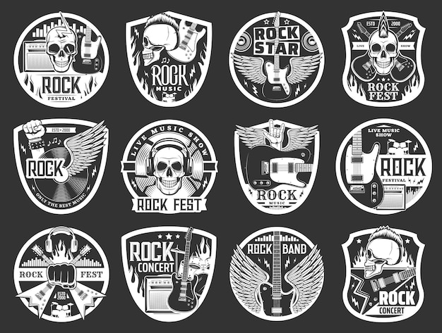Icônes De La Musique Rock, Guitares, Batterie Et Crânes De Rocker