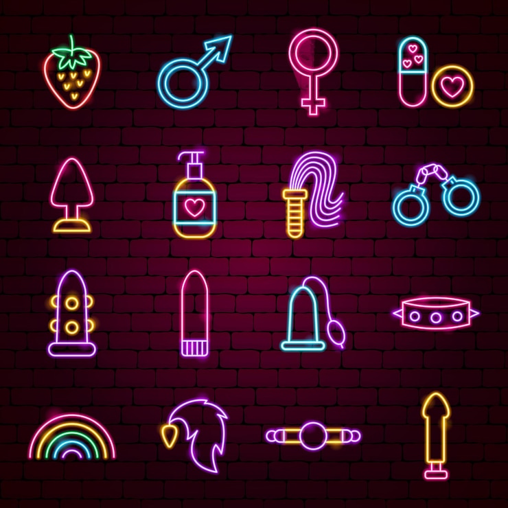 Vecteur icônes de néon de jouets sexuels. illustration vectorielle de la promotion de la boutique pour adultes.