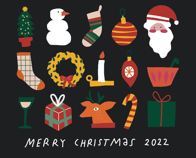 Icônes de noël définies collection de design plat de vacances dessinés à la main