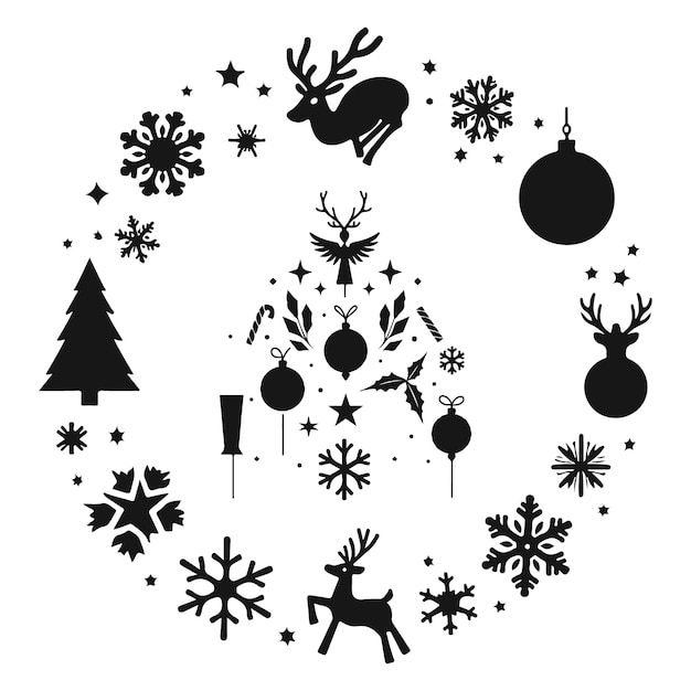 Icones de Noël Silhouettes de vacances en noir et blanc avec des décorations festives et des motifs d'hiver
