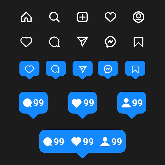 Icônes et notifications instagram plates définies en couleur bleue