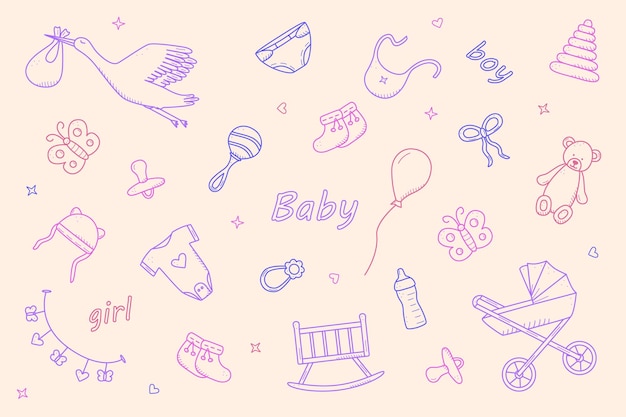 Vecteur icônes nouveau-né définies style doodle illustration vectorielle des éléments pour un bébé
