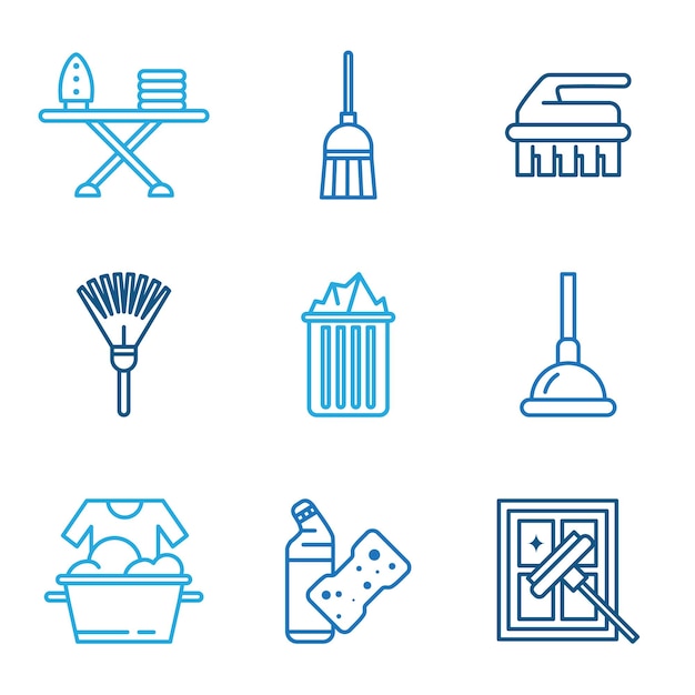 Icones d'outils de nettoyage dans le style couleur plate