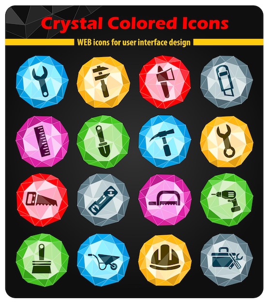 Icônes d'outils de travail sur les cristaux de boutons colorés