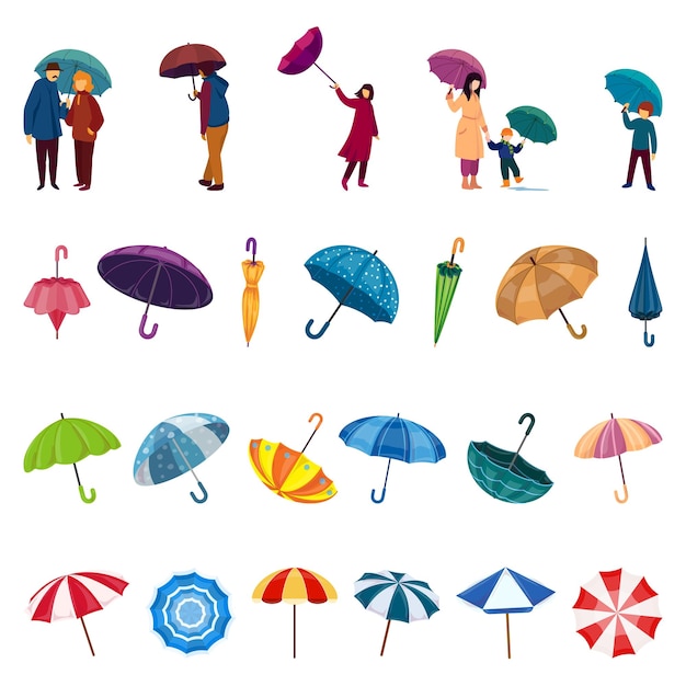 Vecteur icônes de parapluie définies vecteur de dessin animé tempête de pluie