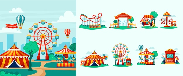Vecteur icones de parcs d'attractions et illustrations dans un style plat.