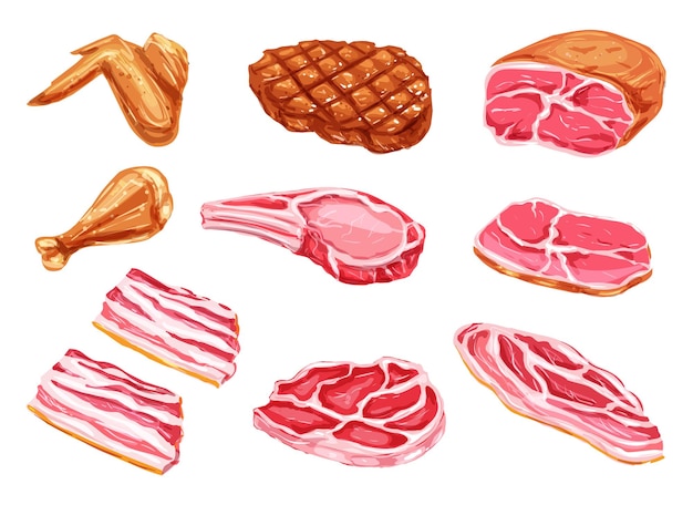 Icônes de peinture aquarelle de produits de viande de vecteur