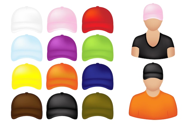 Vecteur icônes de personnes avec ensemble de casquettes de baseball colorées, isolé sur blanc