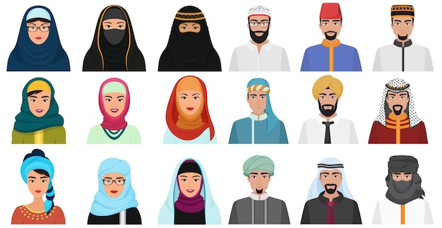 Icônes De Personnes De L'islam. Les Avatars Musulmans Arabes Font Face à Des Têtes Musulmanes D'hommes Et De Femmes.