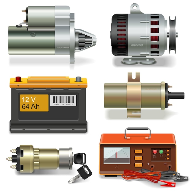 Vecteur icônes de pièces de voiture électrique vectorielles isolés sur fond blanc