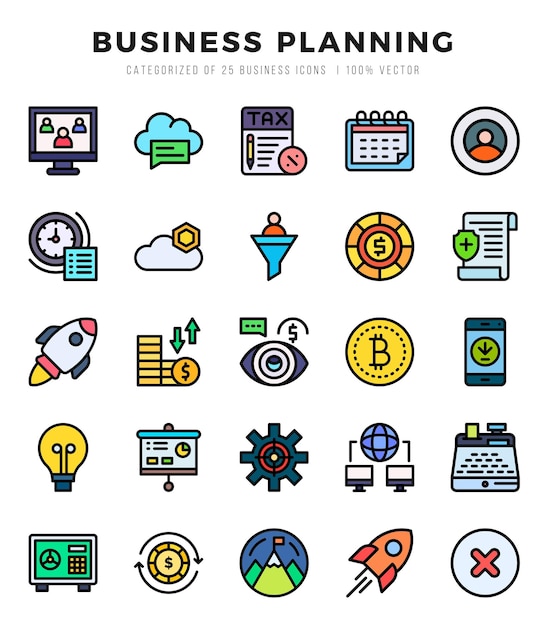 Vecteur icones de planification d'affaires ensemble d'icônes de couleurs linéaires