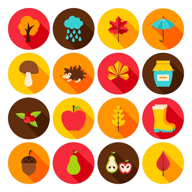Vecteur icônes plates d'automne. illustration vectorielle. ensemble d'objets saisonniers d'automne de cercle.