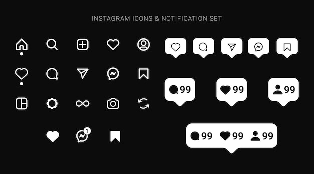 Vecteur icônes plates blanches instagram et notification avec fond transparent
