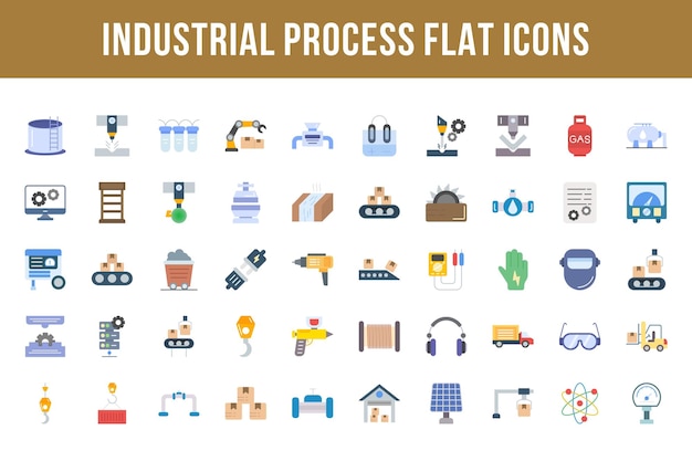 Vecteur icônes plates multicolores de processus industriel