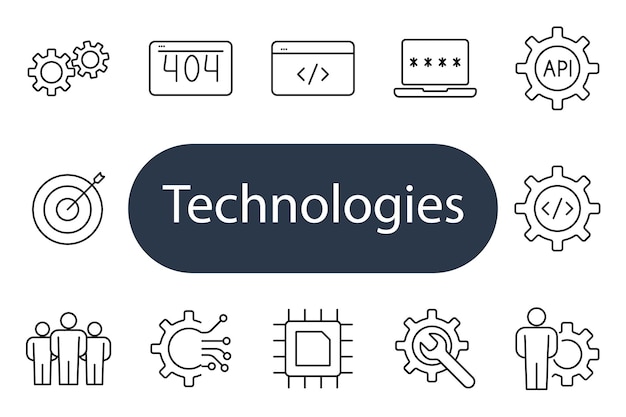 Les icônes de réglage des technologies, les engrenages, le code d'erreur 404, le mot de passe, l'API, l'équipe cible, le circuit, la puce, la loupe, les concepts de technologie et d'innovation.