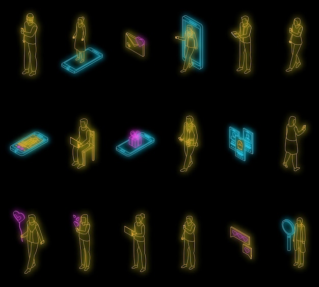Icônes de rencontres en ligne définies vecteur néon