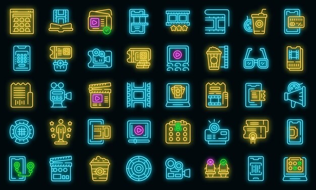 Icônes de réservation de films définies vecteur de contour Néon de vecteur de vie de routine