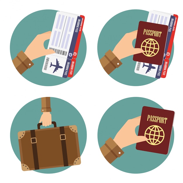 Icônes rondes avec main tenant des éléments de voyage