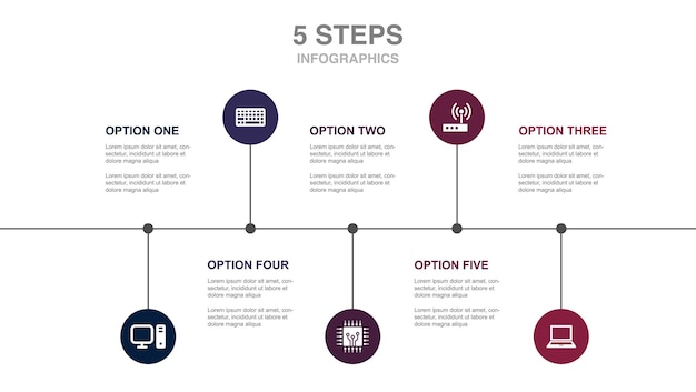 Icônes De Routeur De Clavier D'ordinateur Portable De Cpu D'ordinateur Modèle De Conception De Mise En Page De Chronologie D'infographie Concept De Présentation Créative Avec 5 étapes