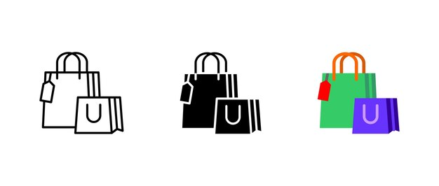 Icones de sacs d'achat Signage d'achat au détail Sac en papier avec symbole d'étiquette Biens de consommation et marchandises