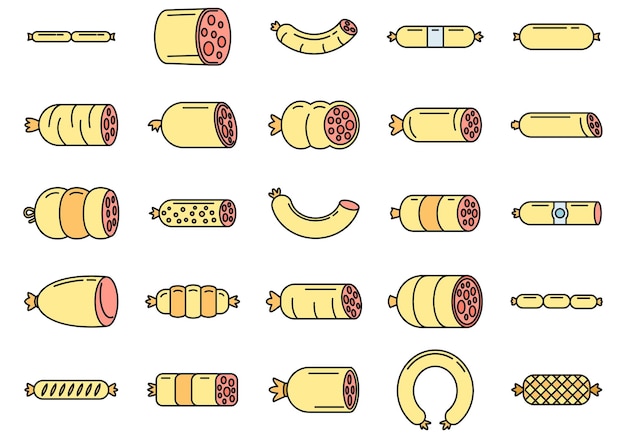 Vecteur les icônes de saucisses fraîches définissent la ligne de couleur vectorielle