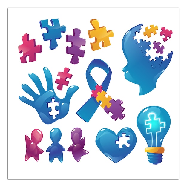 Vecteur icones de sensibilisation à l'autisme pièces de puzzle tête d'enfant