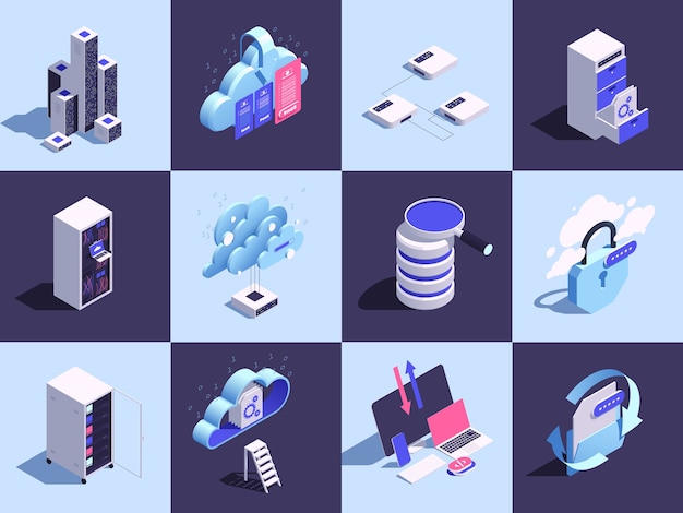 Icones de services de cloud computing isométriques avec illustration